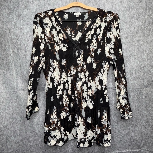 Nicola Black & White Floral Pleated‎ Long Sleeve Top- Sz XL - Picture 1 of 7